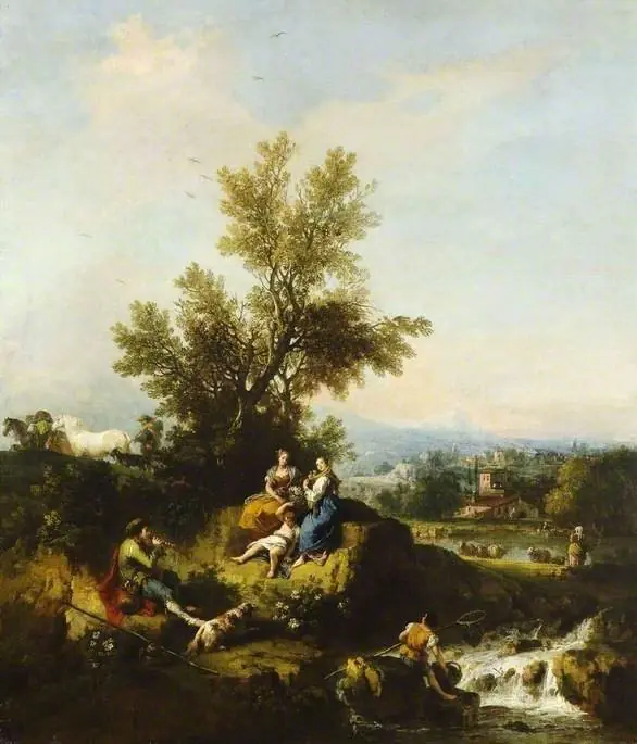 Italianate wooded river landscape with a piping shepherd, two women and a child