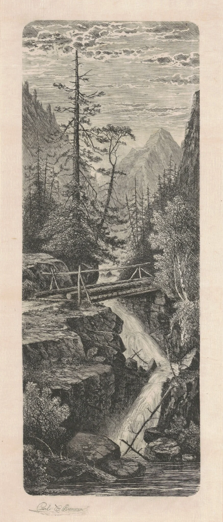 Waterfall, Rocky Mountains, by Carl C. Brenner, ink, 1880