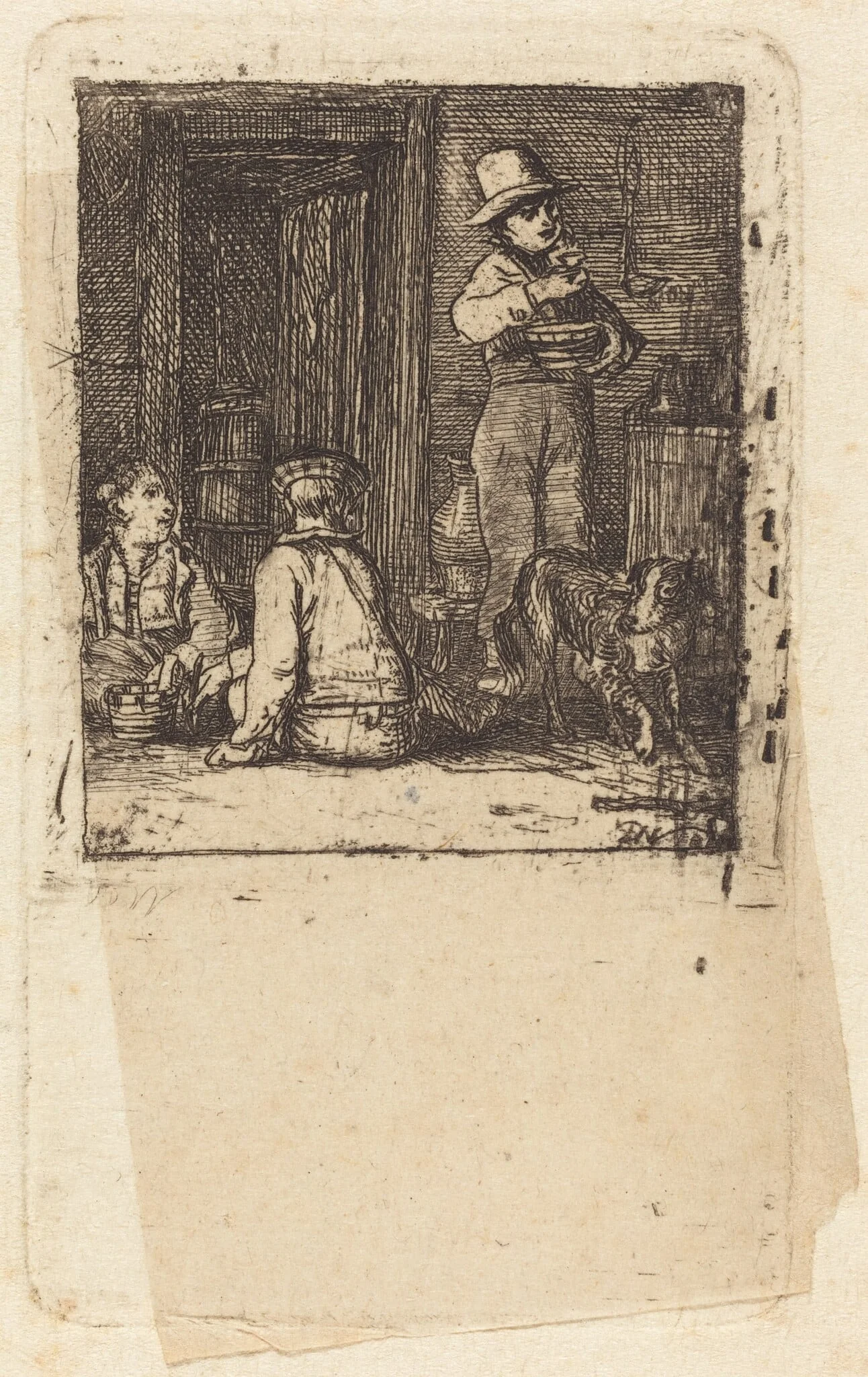Interior with Three Boys and a Dog, by David, Sir Wilkie, ink, 1813