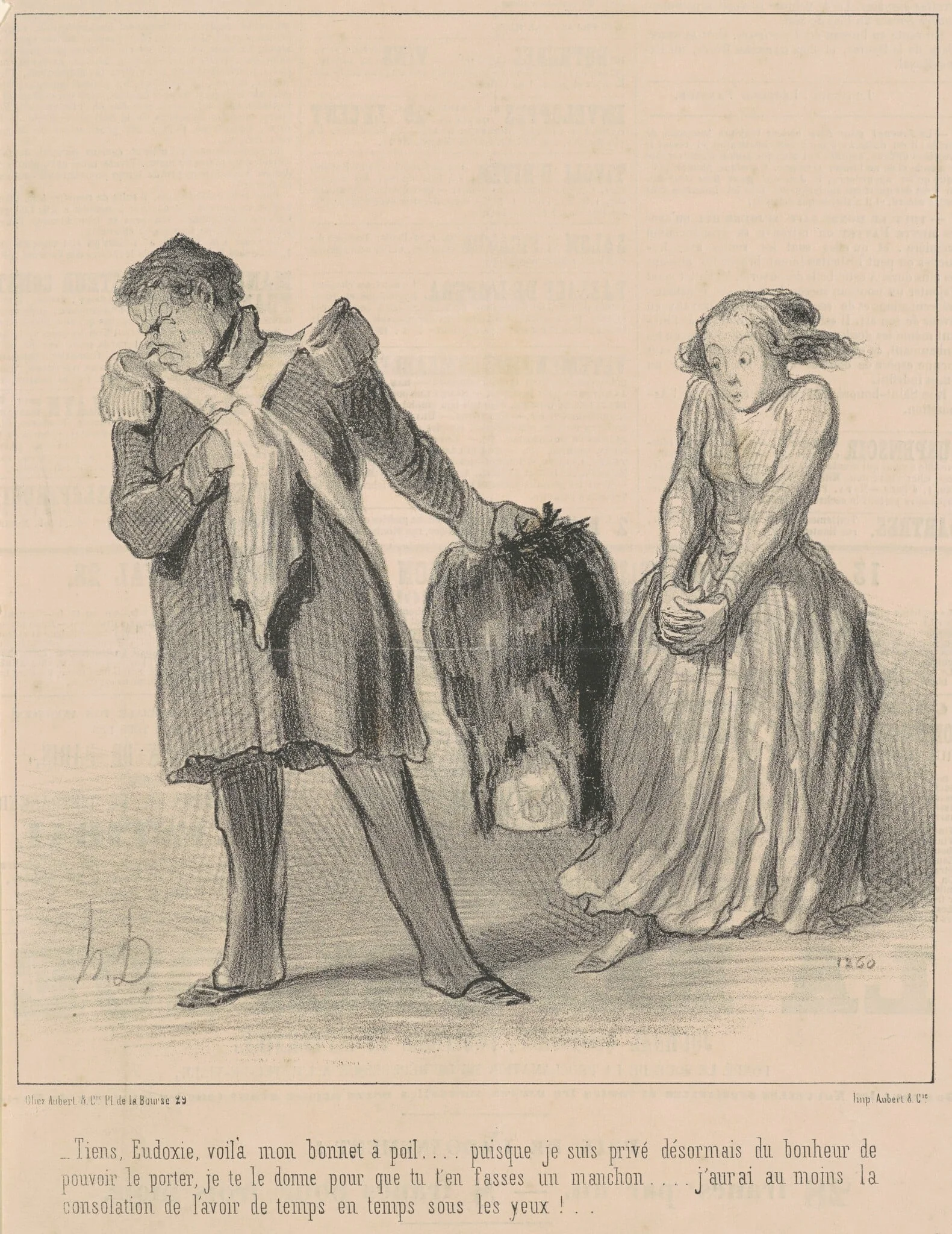 Tiens, Eudoxie, voila mon bonnet a poil ..., by Honoré Daumier, ink, 1848