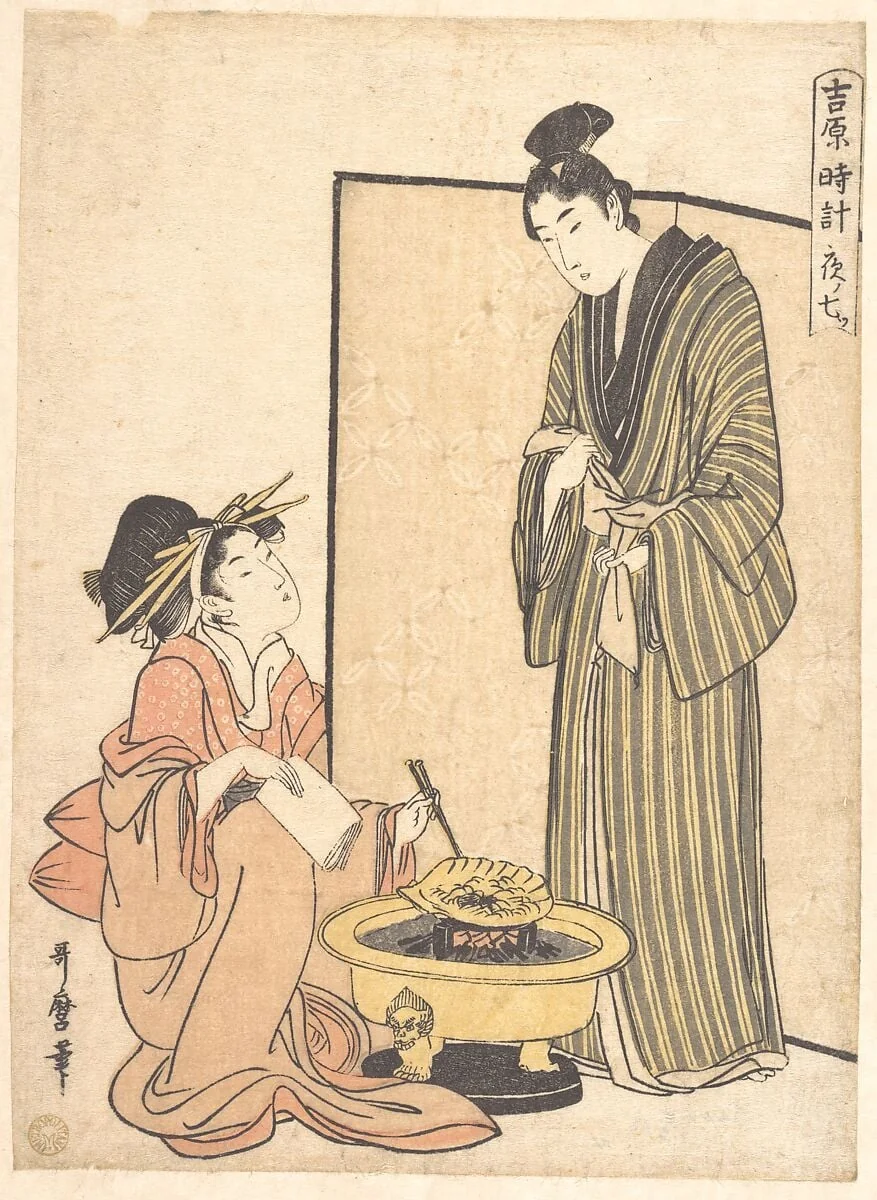 吉原時計　夜の七つ|The Seventh Hour of the Night, by Kitagawa Utamaro, ink, 1800