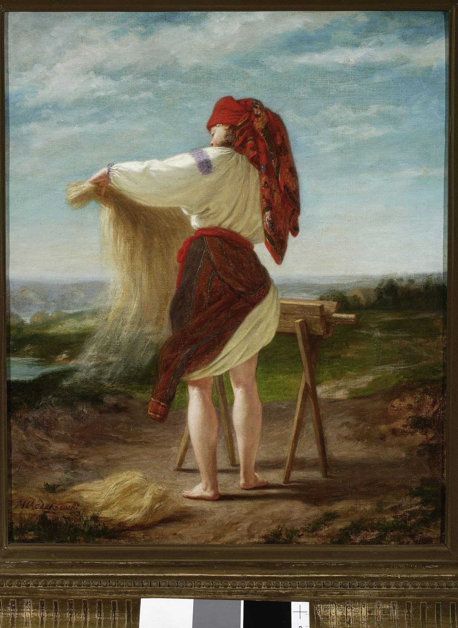 Peasant woman breaking flax, by Henryk Rodakowski, oil, 1859