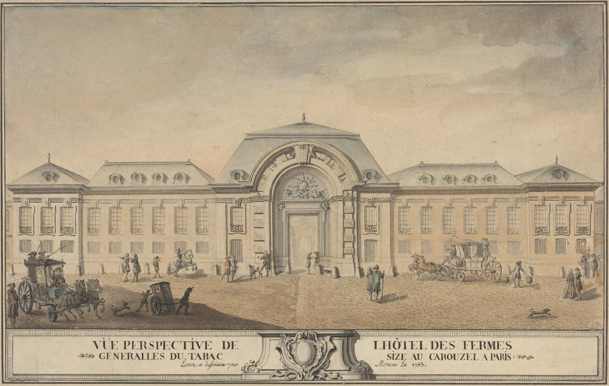 View of the Hôtel des Fermes Générales du Tabac, by Jean-Michel the Younger Moreau, ink, 1763