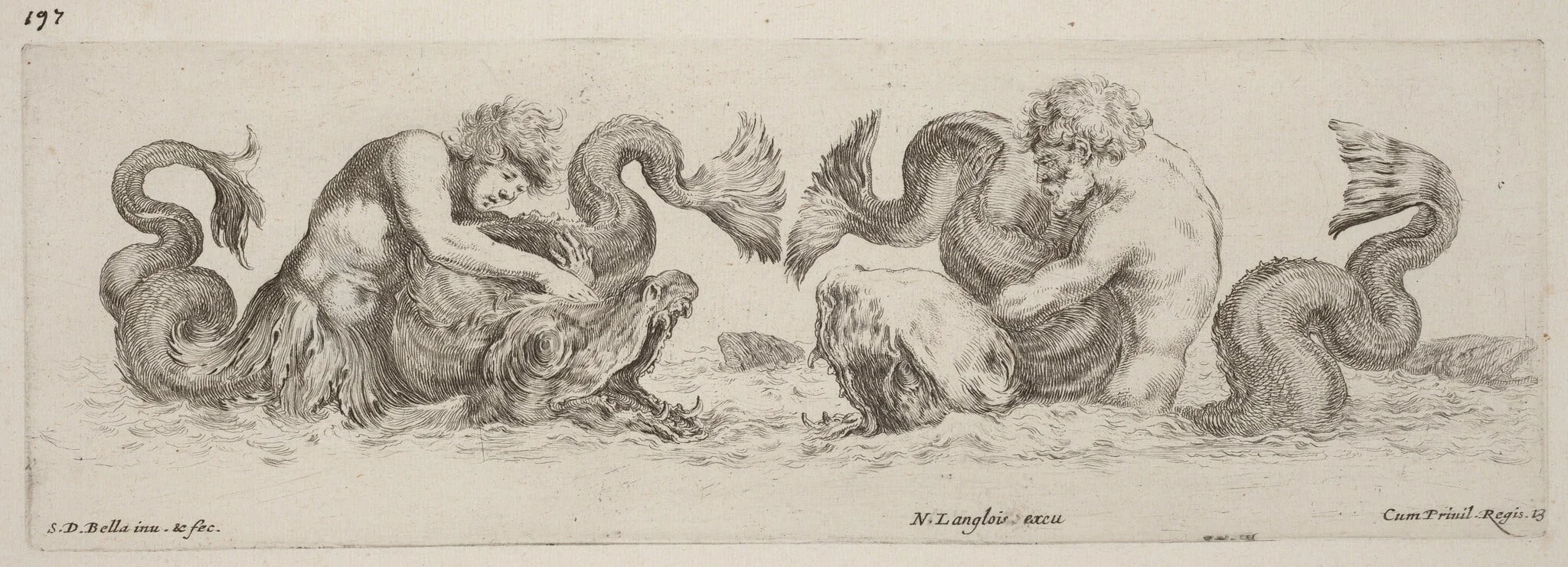 Dolphins and Tritons, by Stefano Della Bella, ink, 1648