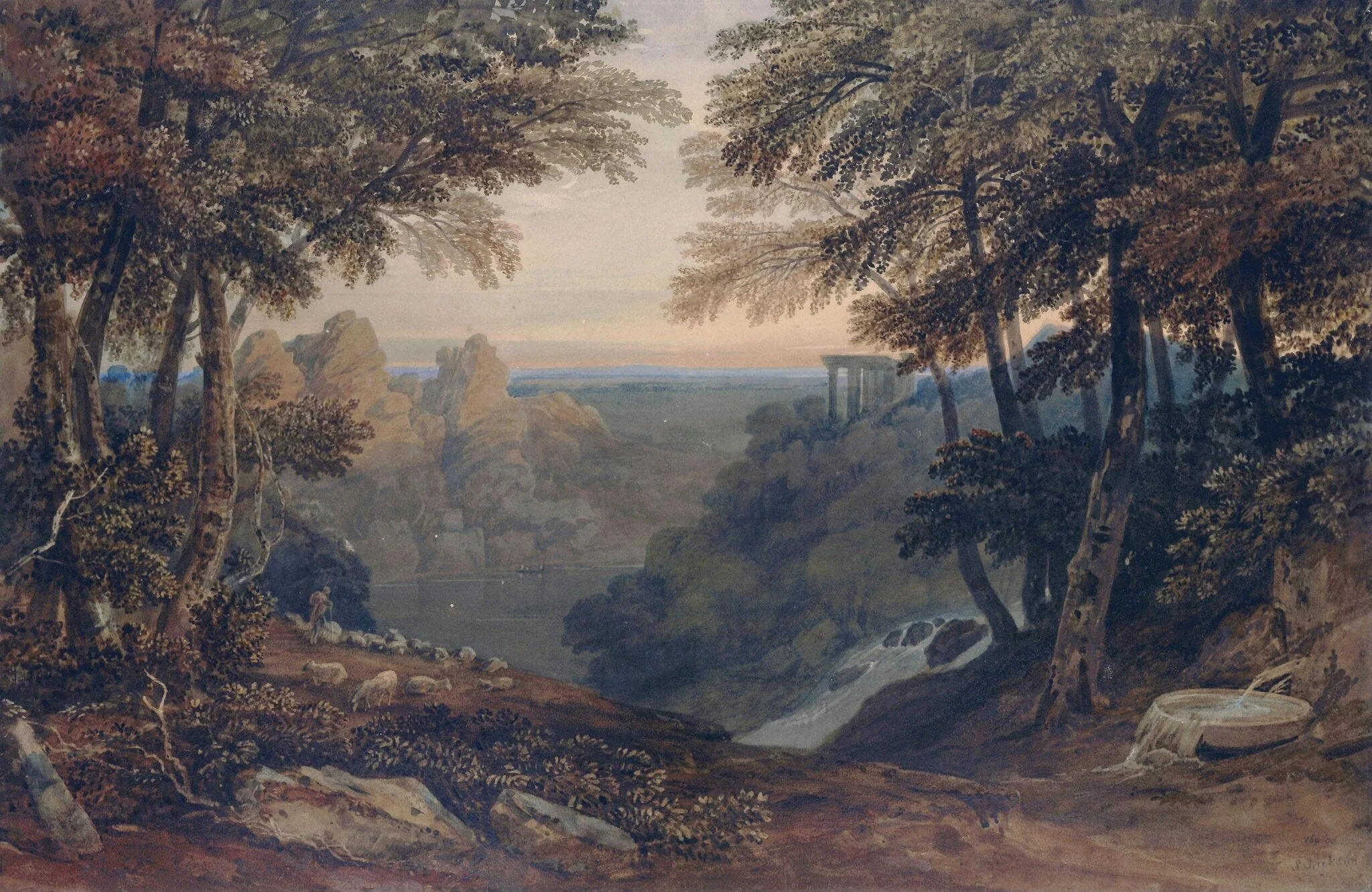 Landscape composition with waterfall and temple, by Samuel Jackson, watercolor, 1815