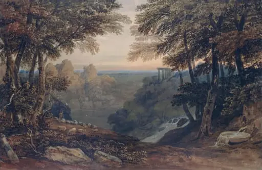 Landscape composition with waterfall and temple