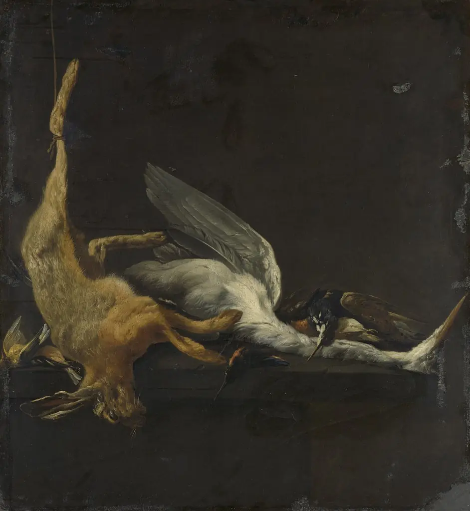Still life with a hare, a heron and other birds