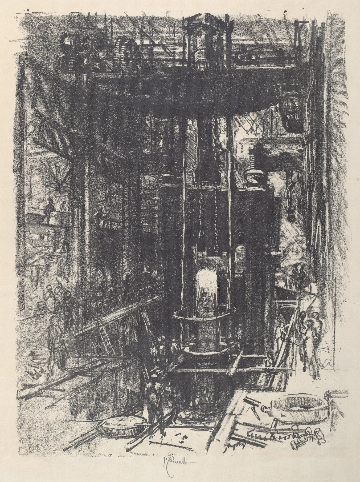 Shaping a Gun from an Ingot, by Joseph Pennell, ink, 1917