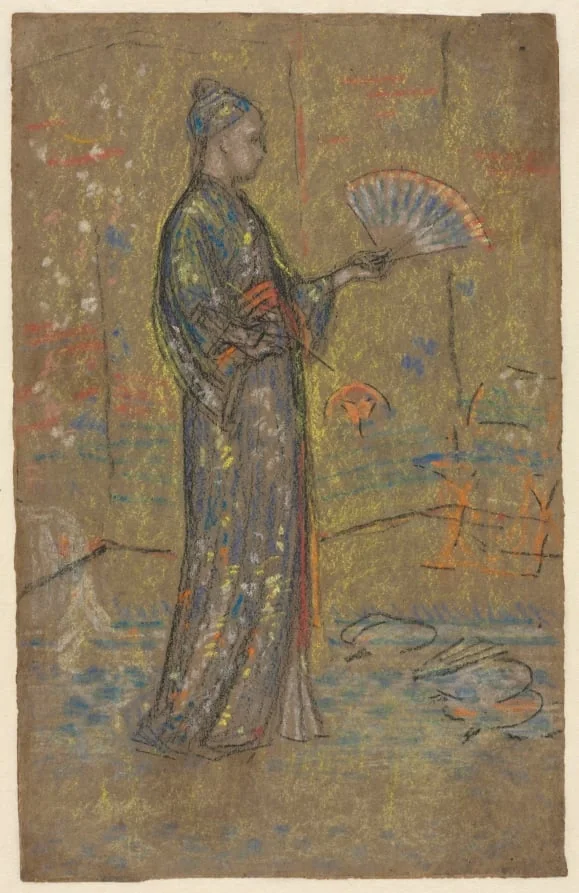 Japanese Woman Painting a Fan (recto), by James McNeill Whistler, 1872