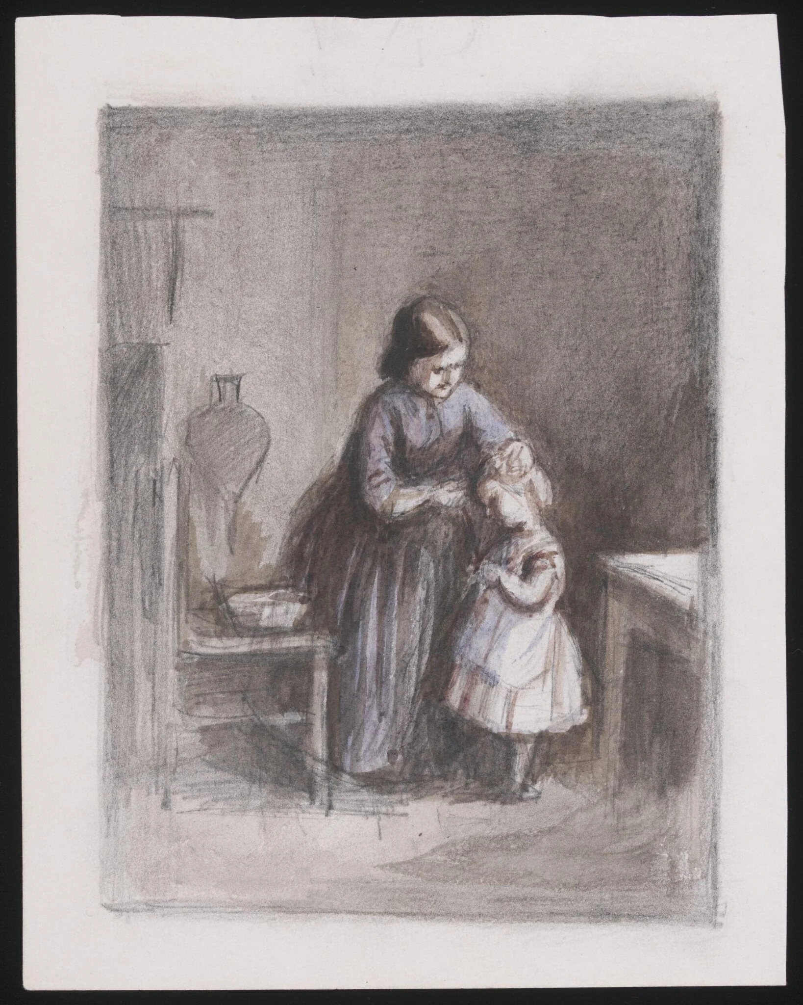 A mother washing a little girl, by Joseph Clark, watercolor, 1860
