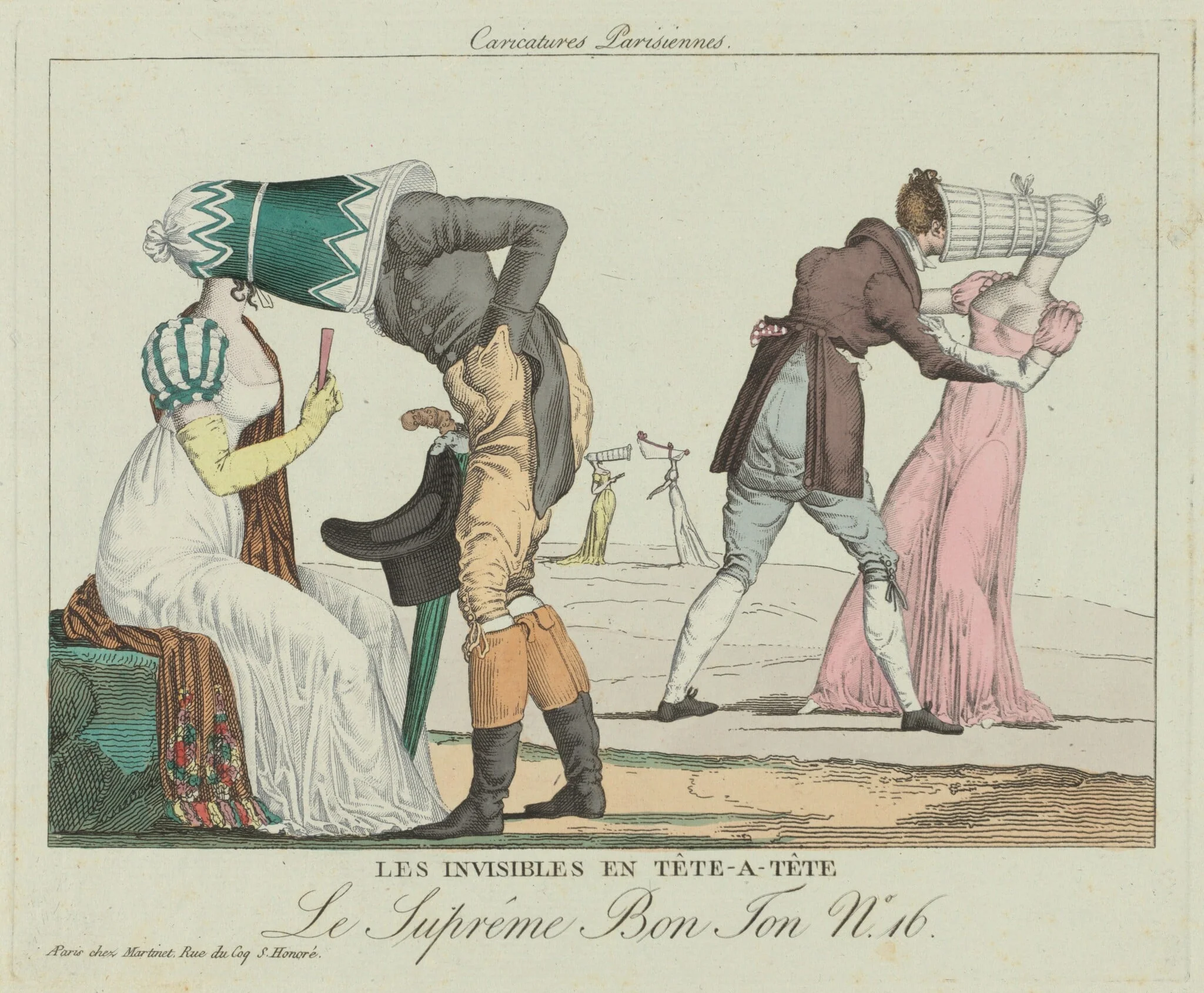 Les Invisibles en tête-à-tête (Tête-à-Tête with Poke Bonnets), by French 19th Century, watercolor, 1805