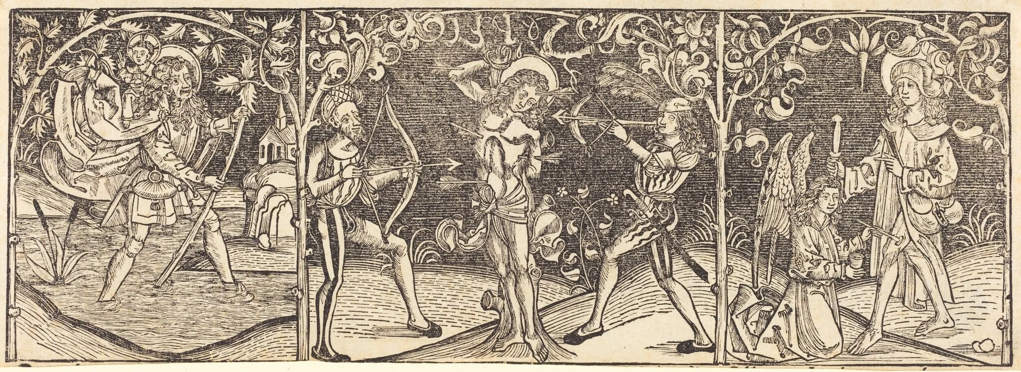 Saints Christopher, Sebastian, and Roche, by German 15th Century, ink, 1495