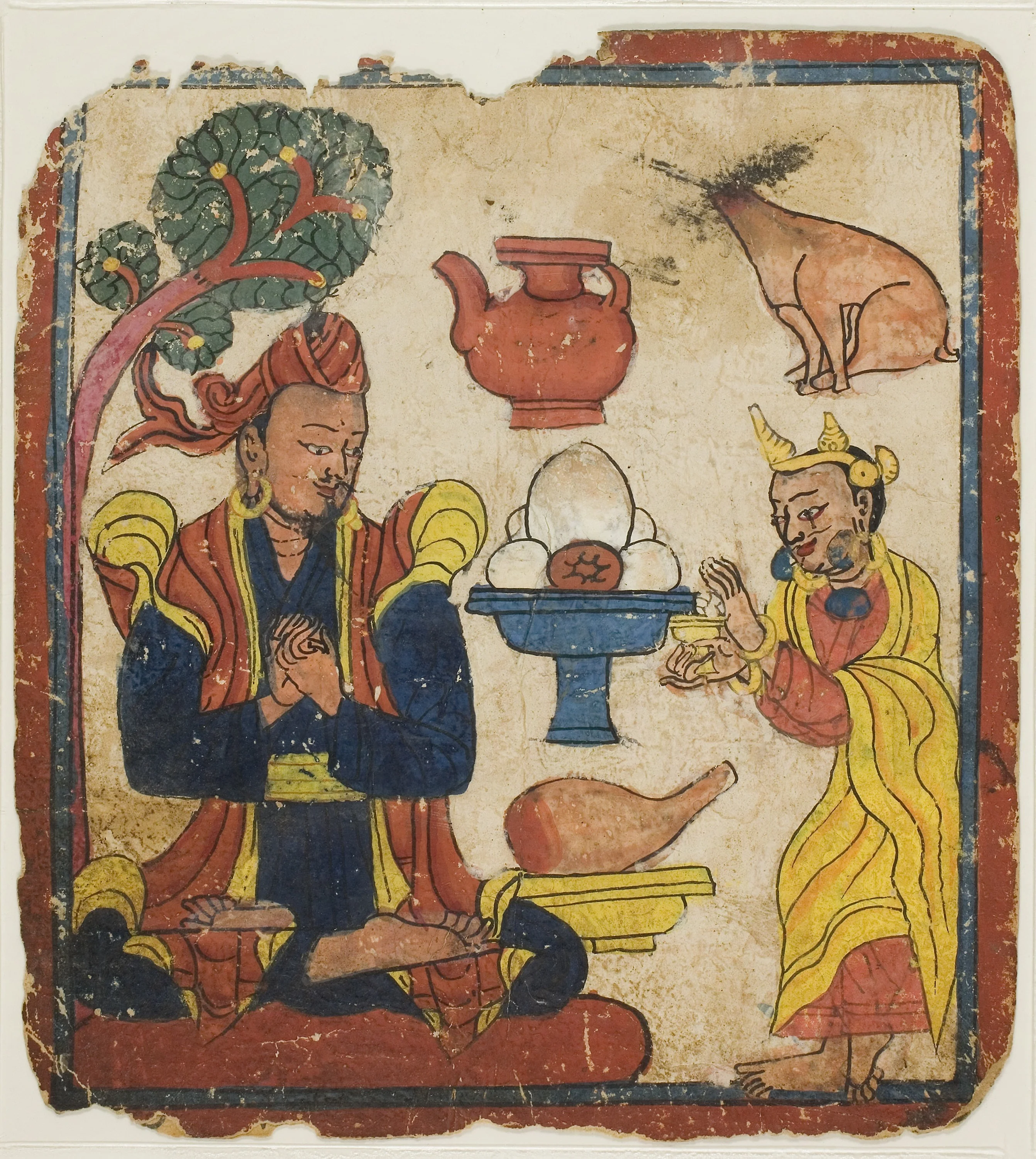 King Mangkur Nourished by Queen Devika, from a Set of Initiation Cards (Tsakali), by Unknown, unspecified, 1400