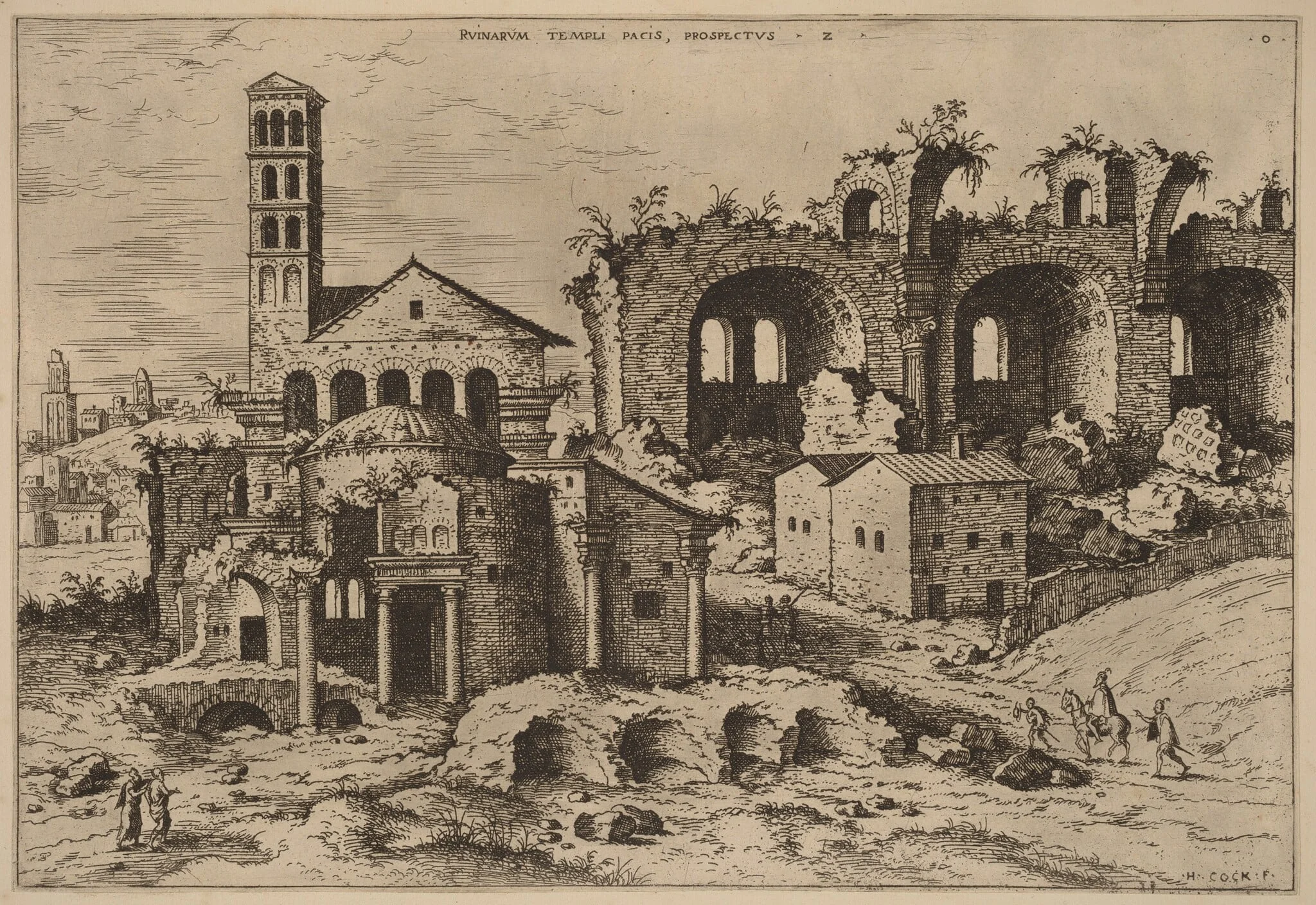 The Temple of Augustus and Faustina, the Temple of Divus Romulus, and the Basilica of Constantine, by Hieronymus Cock, ink, 1550