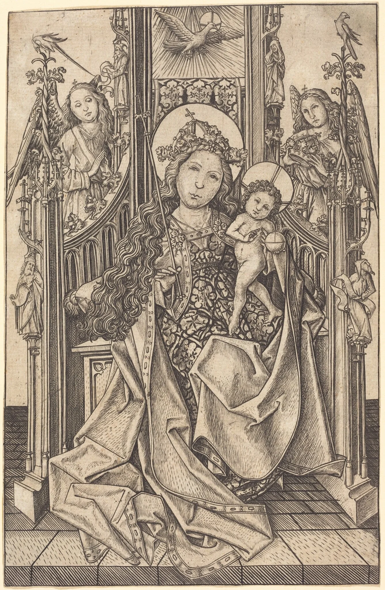 Madonna and Child Enthroned, by Master E.S., ink, 1466