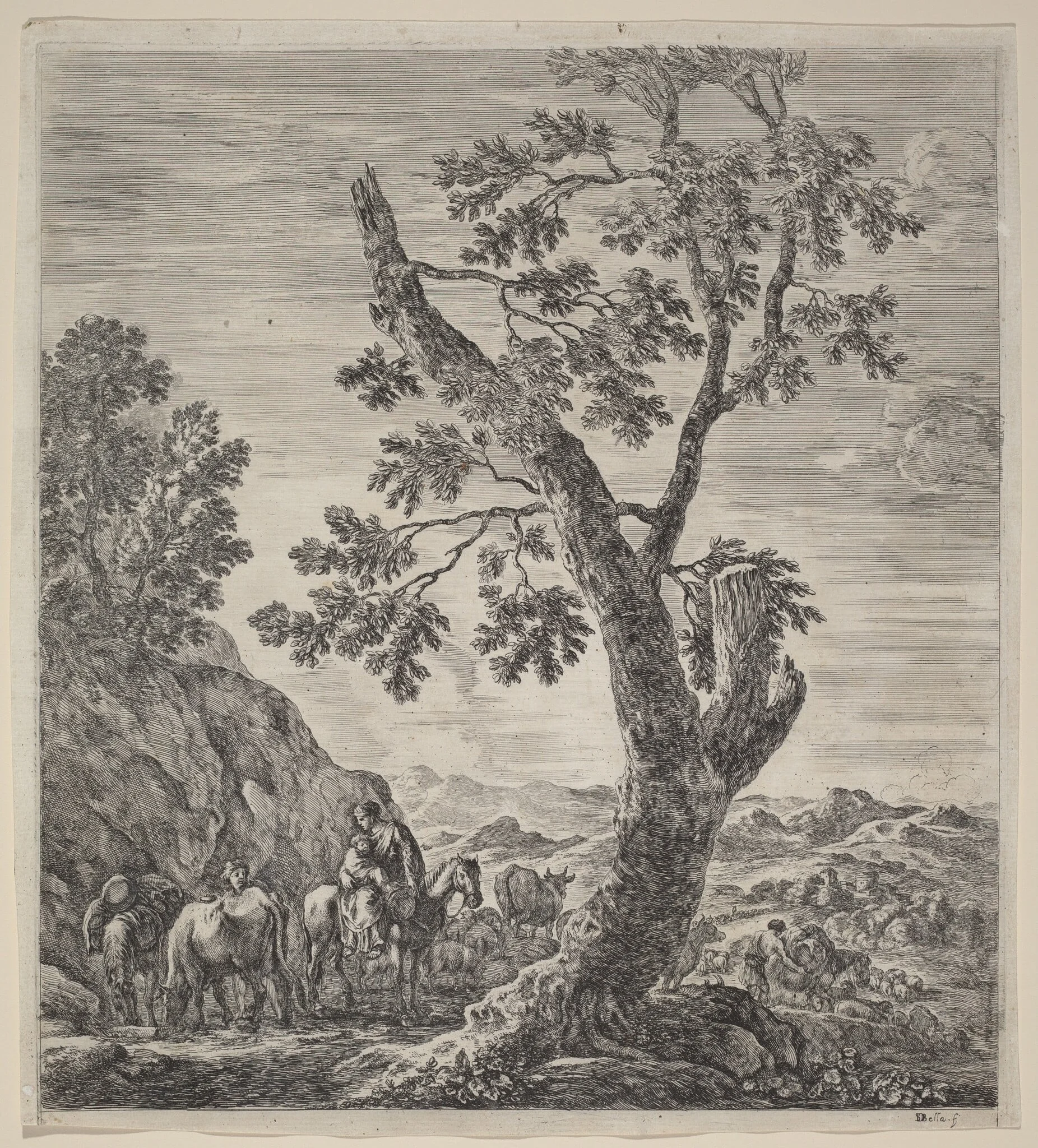 Peasant Woman on Horseback with a Child in Her Arms, by Stefano Della Bella, ink, 1656