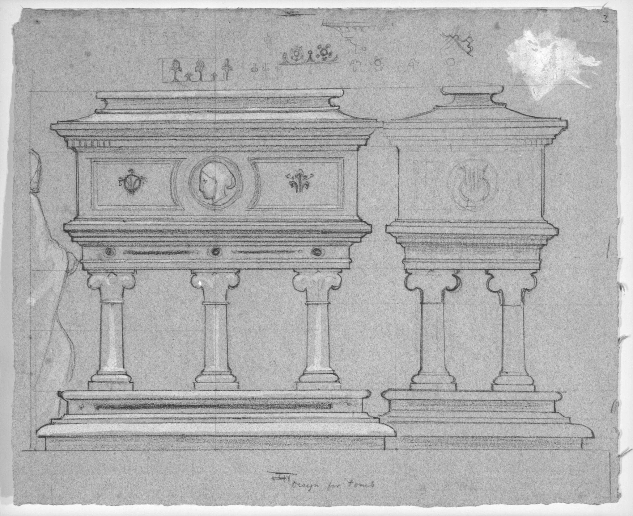 Studies for Mrs Browning's Tomb at Florence, side and end elevation with some small details of ornament, by Frederic, Lord Leighton, 1861