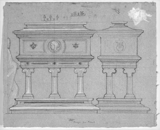 Studies for Mrs Browning's Tomb at Florence, side and end elevation with some small details of ornament