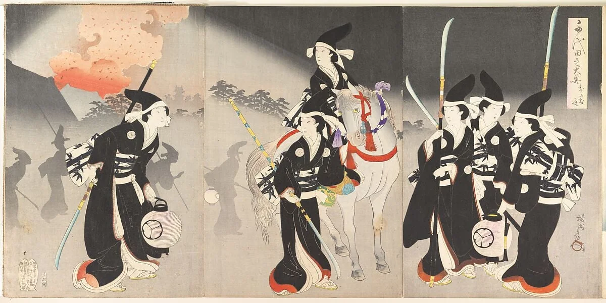 楊洲周延画　「千代田之大奥　おたち退」|“Evacuation of the Ladies,” from the series The Inner Precincts of Chiyoda Castle (Chiyoda no Ōoku, Otachinoki), by Yōshū (Hashimoto) Chikanobu, ink, 1896