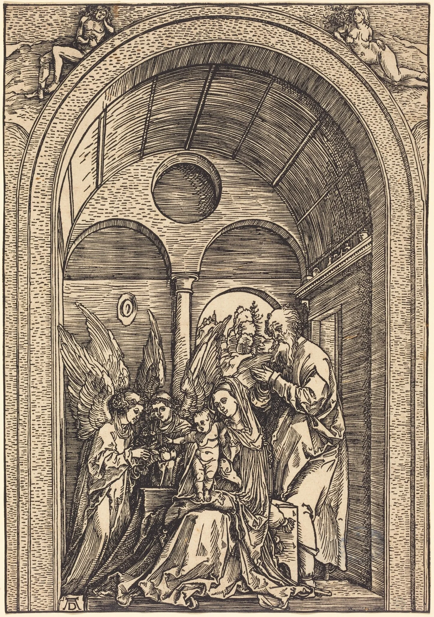 The Holy Family with Two Angels in a Vaulted Hall