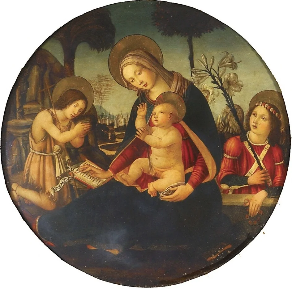 The Virgin and Child with the young St John the Baptist and an Angel, by Master of Marradi, oil, 1500