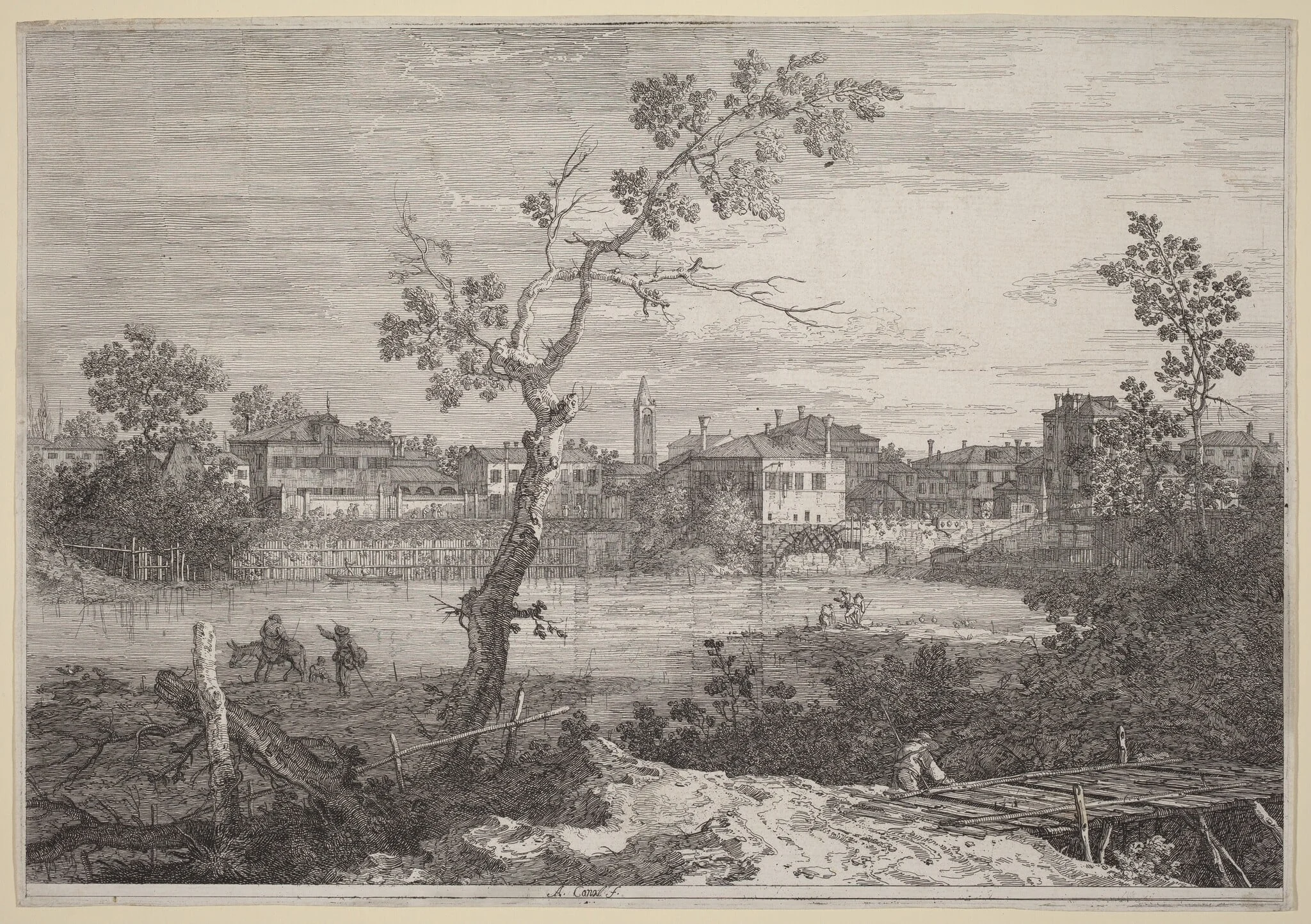 View of a Town on a River Bank, by Canaletto, ink, 1740