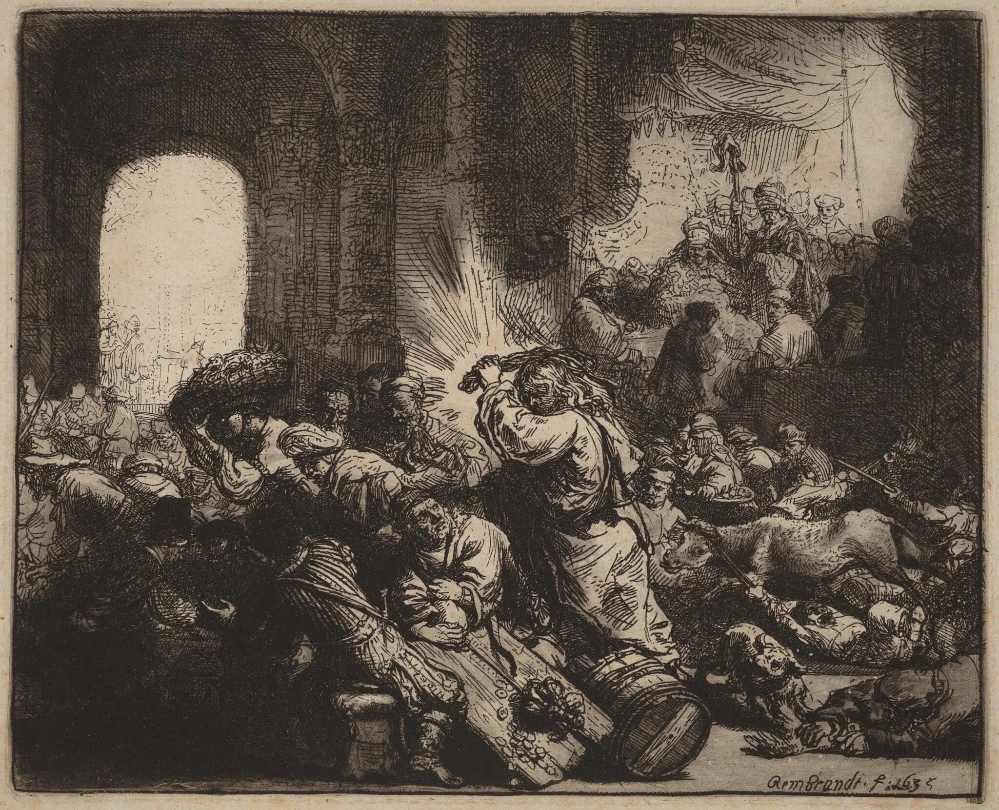 Christ Driving the Money Changers from the Temple, by Rembrandt, ink, 1635