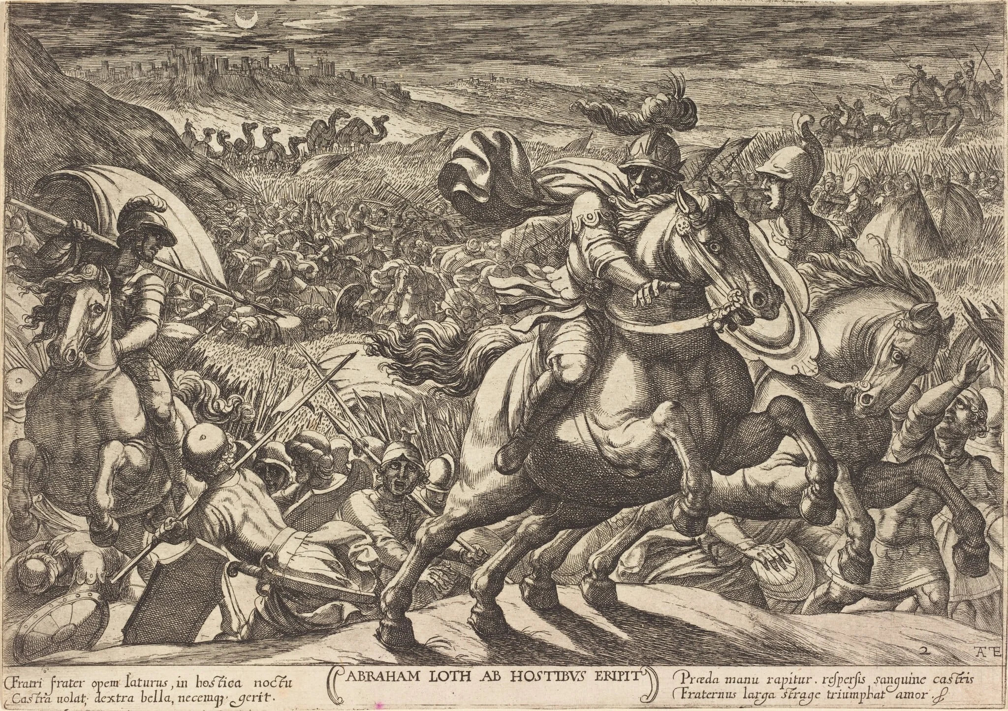 Abraham makes the enemies flee who hold his nephew, by Antonio Tempesta, ink, 1613