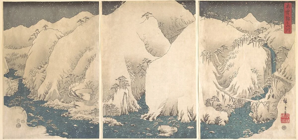 雪月花　木曽路之山川|Kiso Gorge in the Snow, by Utagawa Hiroshige, ink, 1828