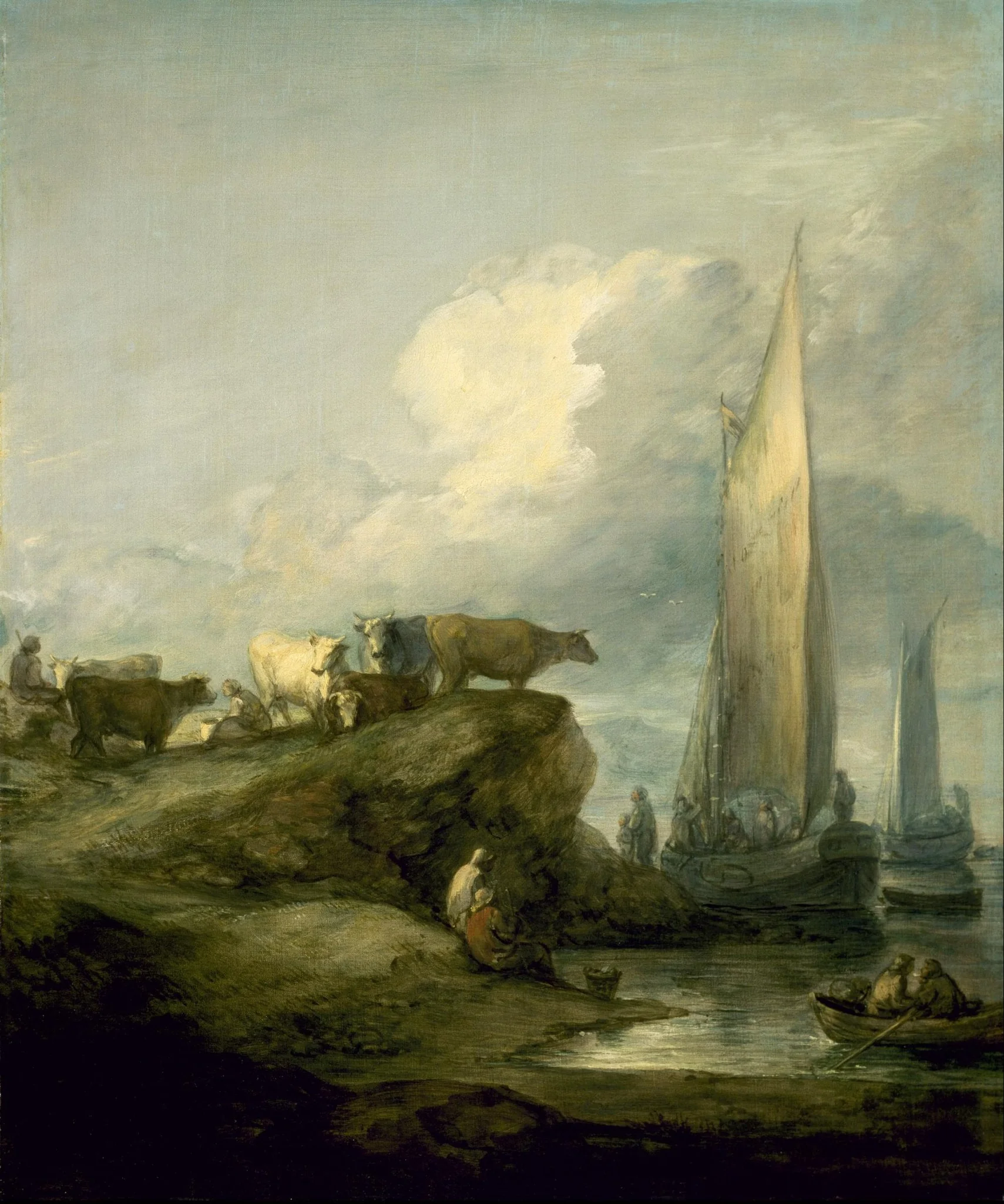 Coastal Scene with Shipping and Cattle, by Thomas Gainsborough, oil, 1791