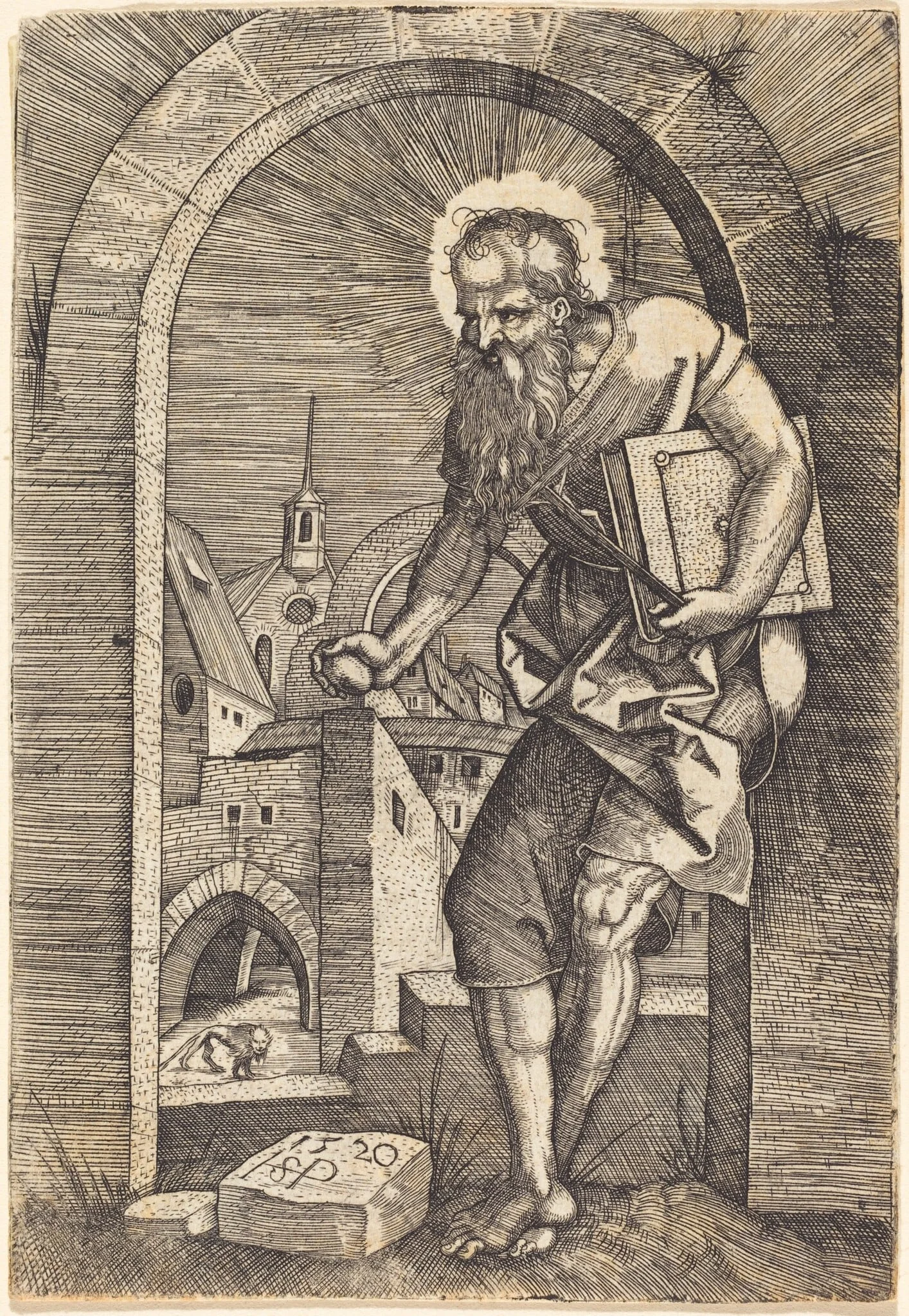 Saint Jerome Standing Under an Arch, by Sebald Beham, ink, 1520