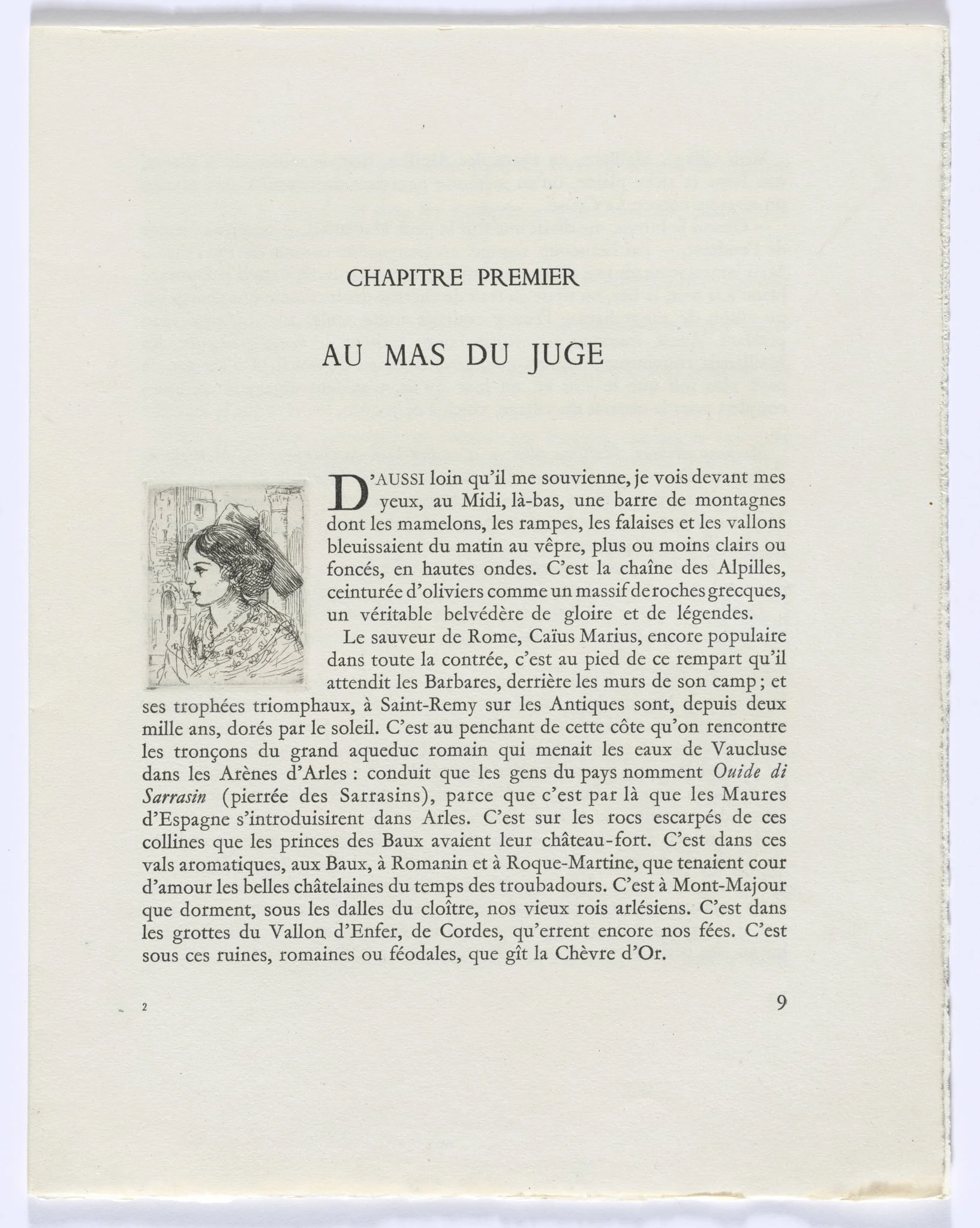 Frédéric Mistral: Mémoires et Recits by Frédéric Mistral: bust of woman in profile (page 9)