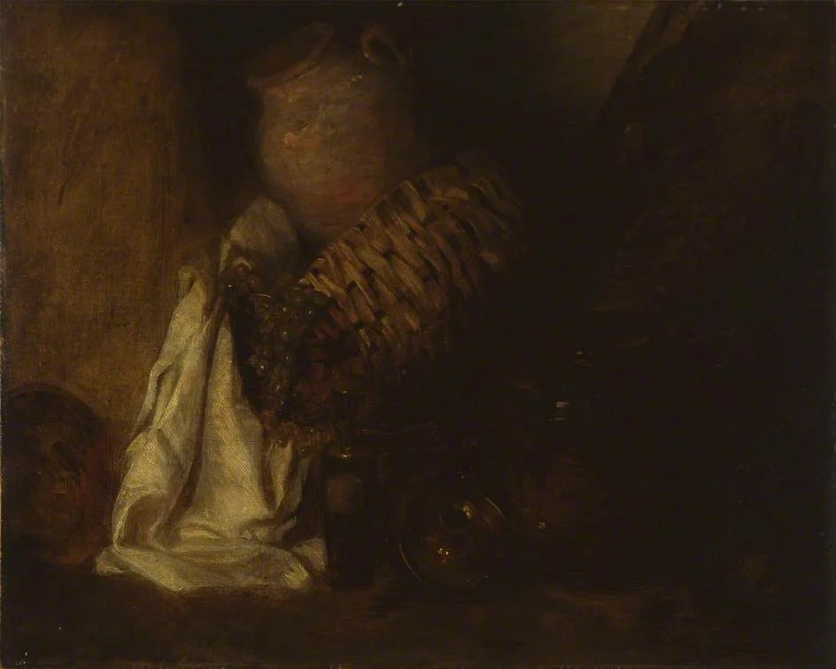Still Life with a Basket between two Crocks, by Peter De Wint, oil, 1826