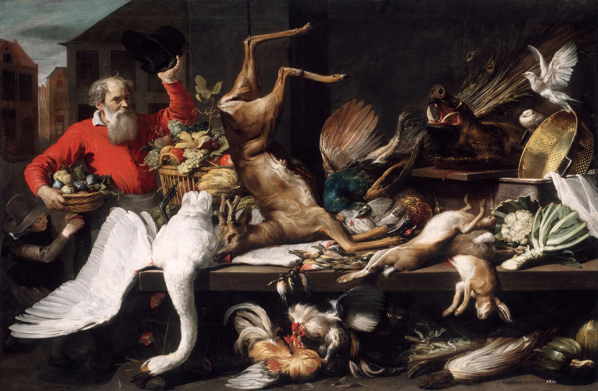 Still Life with Dead Game, Fruits, and Vegetables in a Market, by Frans Snyders, oil, 1614