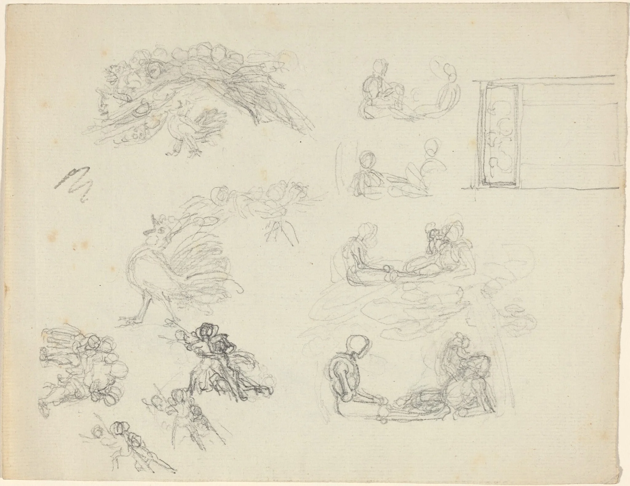 Studies of Crowing Rooster and Reclining Figures [recto and verso], by John Flaxman, graphite, 1788