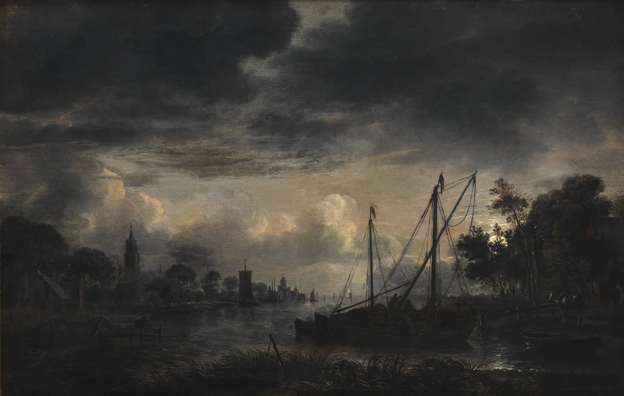 River Landscape in Moonlight
