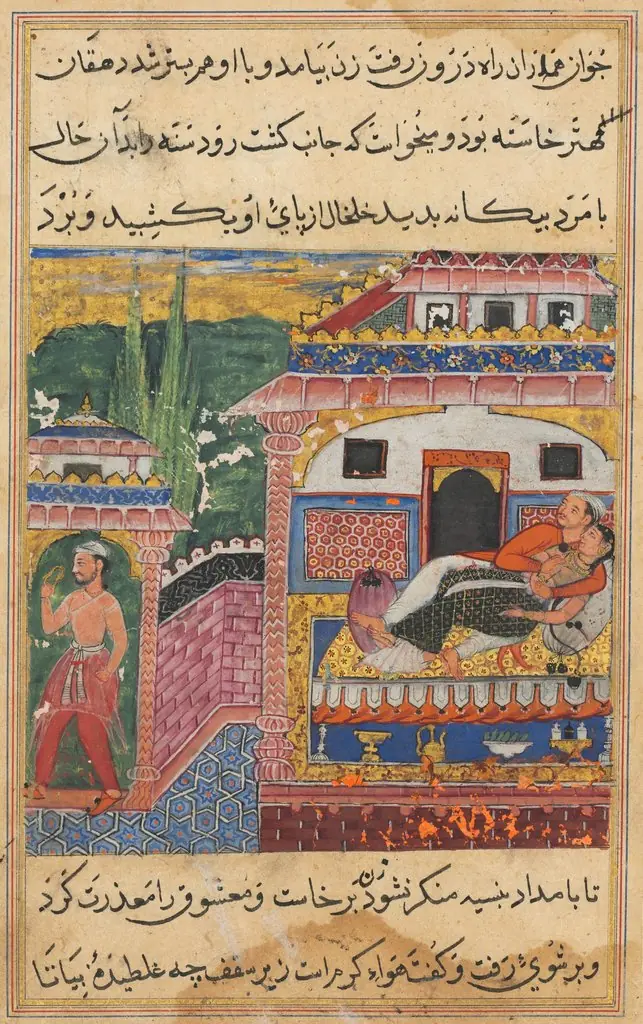 The farmer, father of the son with the deceitful wife, steals away with her anklet while she is in bed with her lover, from a Tuti-nama (Tales of a Parrot): Eighth Night
