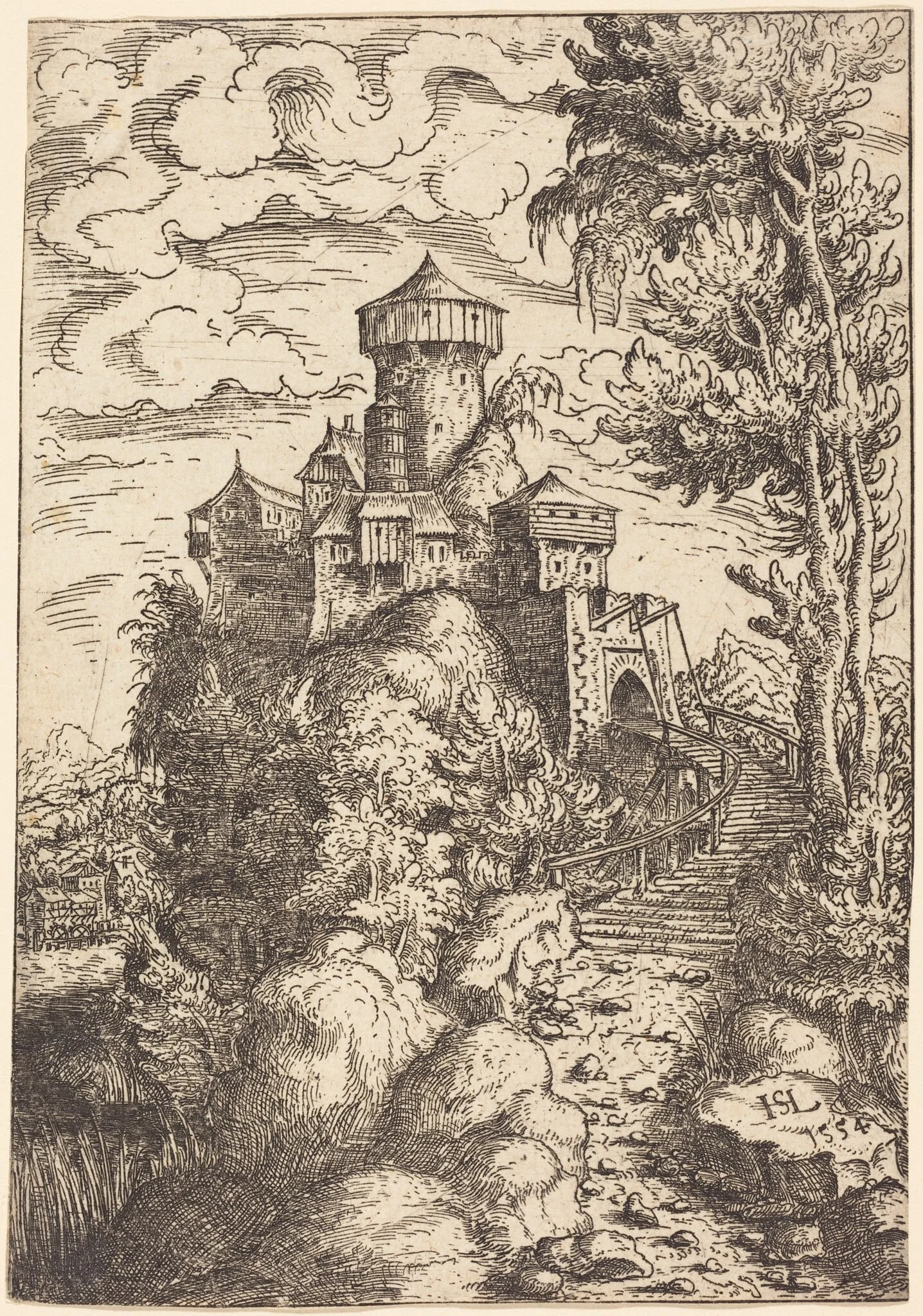 Landscape with a Fortress and Big Stairway, by Hanns Lautensack, ink, 1554