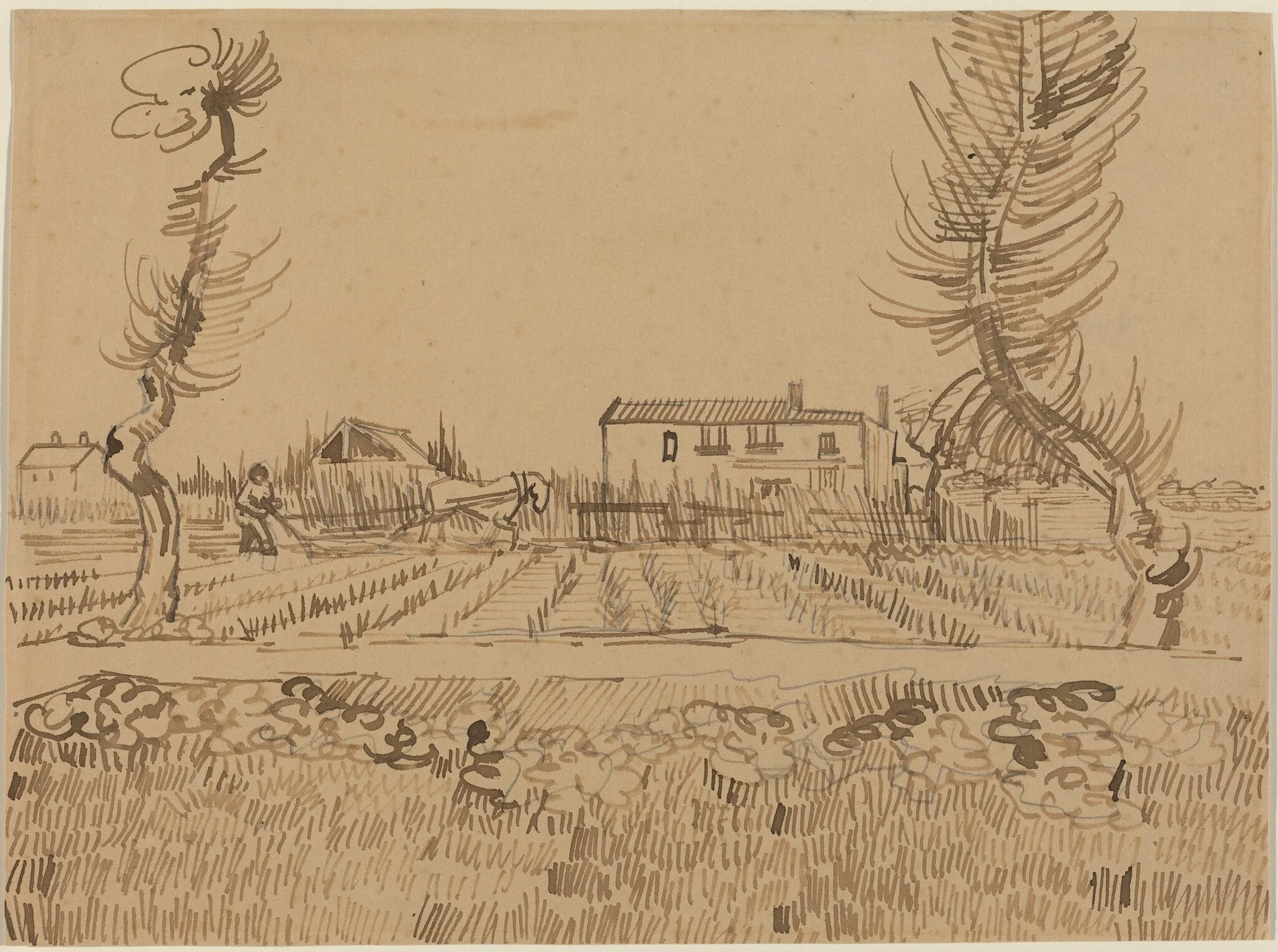 Ploughman in the Fields near Arles, by Vincent van Gogh, ink, 1888