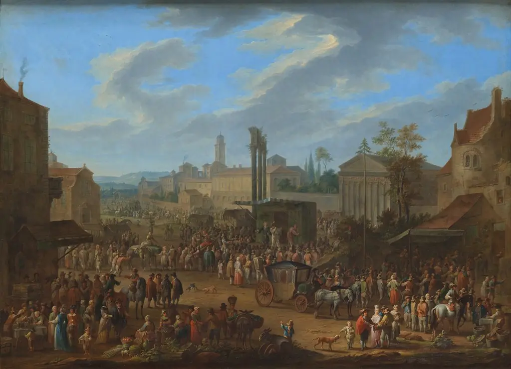 Market with temple and maypole
