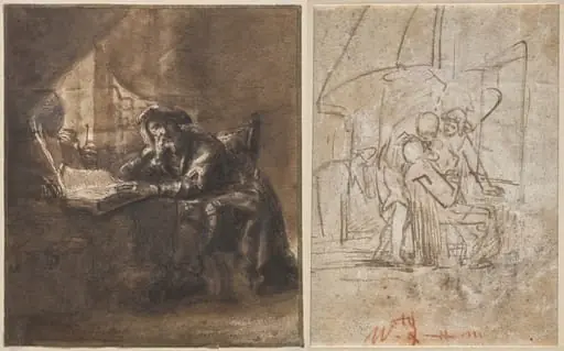 An Old Man Seated at a Table, His Head Resting on His Right Hand (recto); The Healing of Tobit (verso)