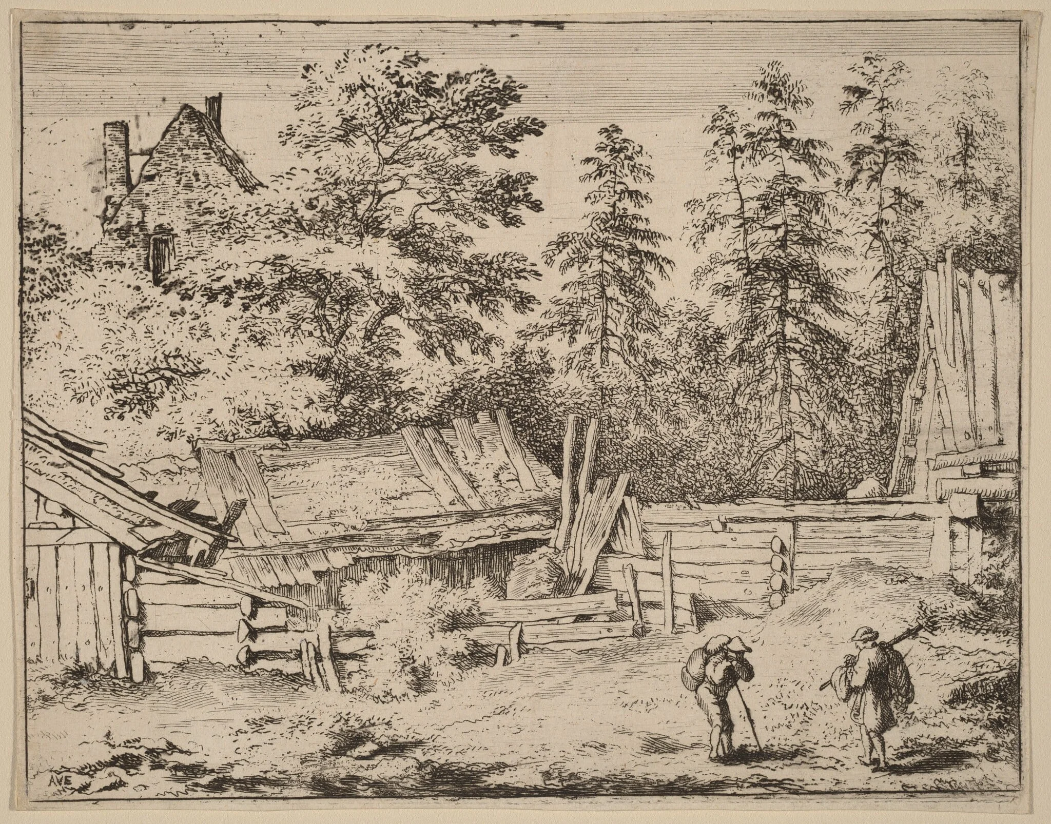 Three Cottages, by Allart van Everdingen, ink, 1650