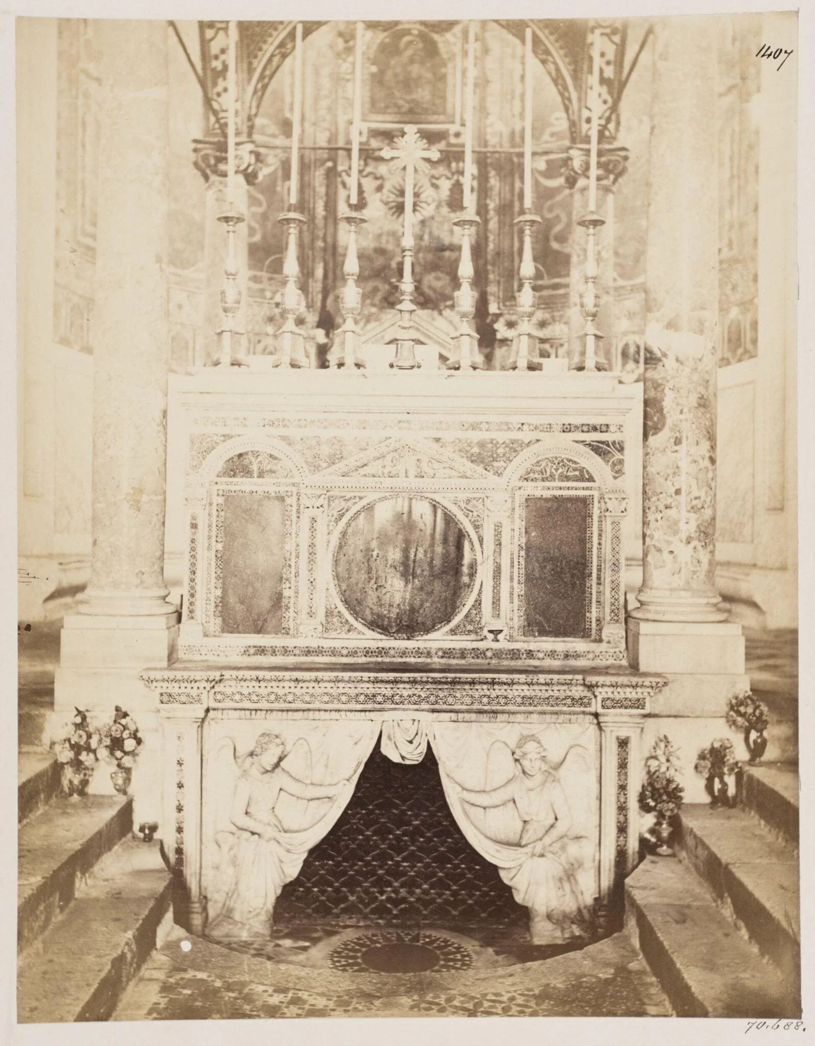 Church and Altar Decoration, S. Cesareo - Altar with Confessio under it, shewing Cosmati Mosaic-work and Sculpture