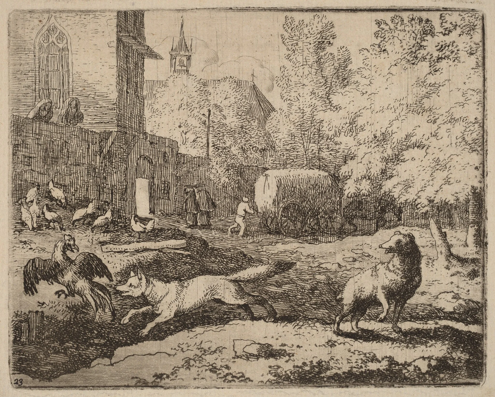Reynard Attempts to Pilfer a Rooster, by Allart van Everdingen, ink, 1650