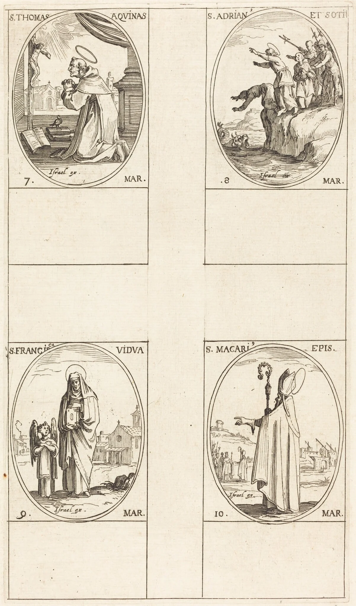 St. Thomas Aquin; St. Adrian and Companions; St. Frances; St. Macari, by Jacques Callot, ink, 1634