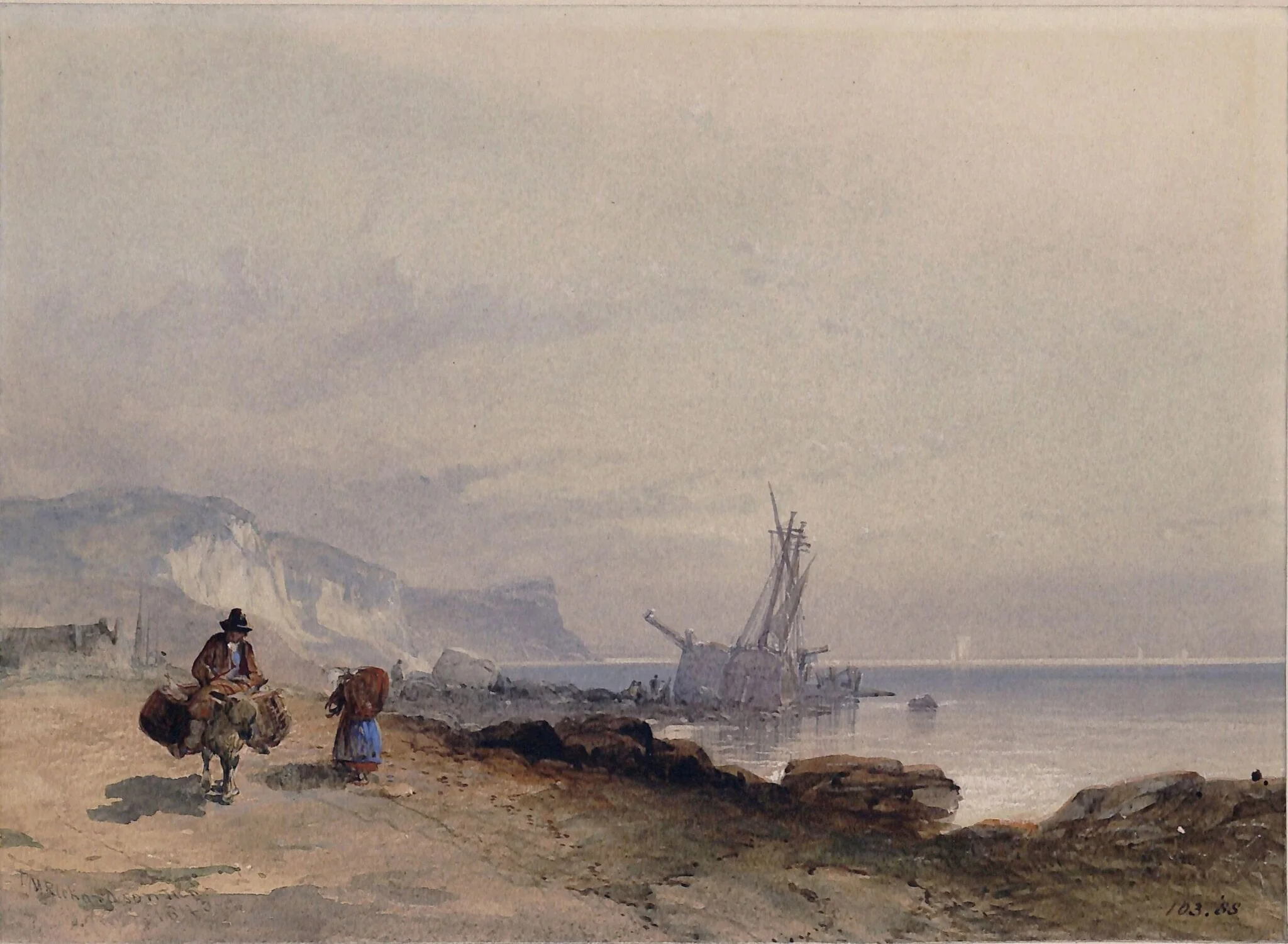 Coast scene with a vessel aground, by Miles Richardson, watercolor, 1843