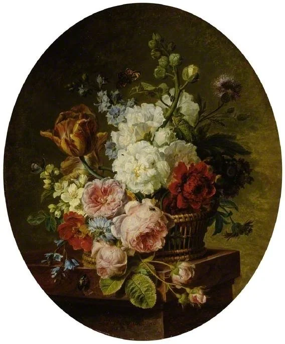 Open wicker basket of mixed flowers, including tulip, roses, hareball, hollyhock, poppy, larkspur and auricula on a marble ledge, by Cornelis van Spaendonck, oil, 1795
