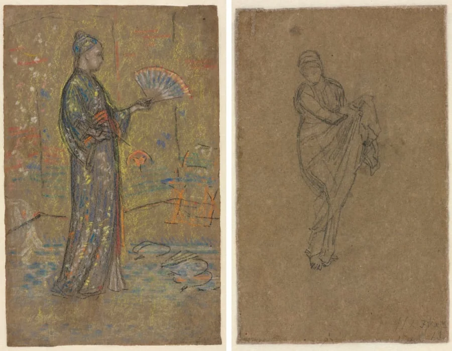 Japanese Woman Painting a Fan (recto); Standing Woman Holding Up Her Dress (verso), by James McNeill Whistler, 1872