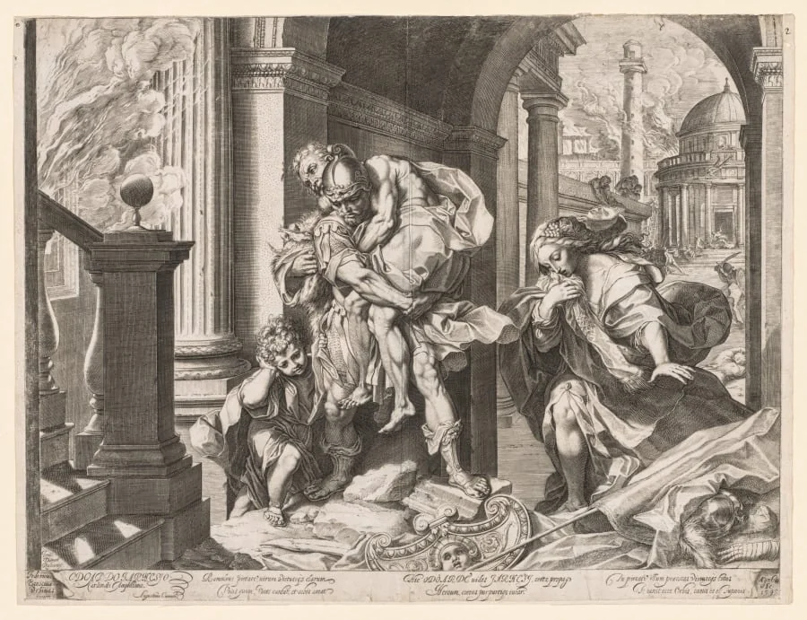 Aeneas and His Family Fleeing Troy, by Agostino Carracci, 1595