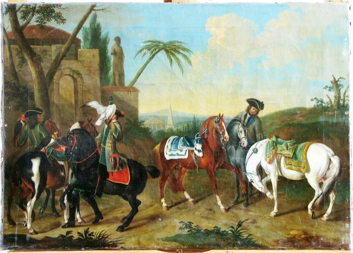 Plecare la vânătoare cu șoimi; pandant: Plecare la vânătoare cu câini, by Johann Georg Hamilton